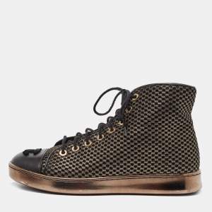 Pre Owned Chanel Metallic Gold/Black Mesh and Leather CC High Top Sneakers Size 36
