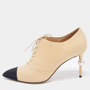 Chanel Beige/Black Leather and Fabric CC Pearl Ankle Booties Size 41.5