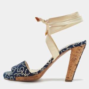 Chanel Navy Blue/White Denim Ankle Wrap Sandals Size 40