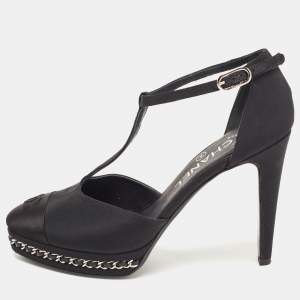 Pre Owned Chanel Black Fabric and Satin CC Chain Link Platform T-Strap Pumps Size 37