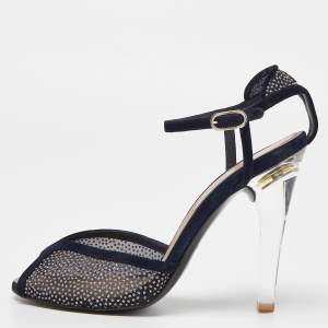 Chanel Navy Blue Suede and Mesh Embellished Ankle Strap Sandals Size 39
