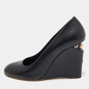 Chanel Black Leather Pearl Embellished Wedge Pumps Size 39