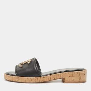 Pre Owned Chanel Black Leather CC Cork Slide Sandals Size 39
