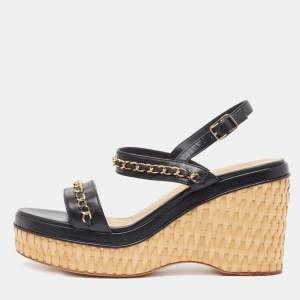 Chanel Black Leather CC Chain Link Strap Slingback Wedge Sandals Size 39