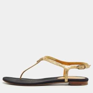 Chanel Gold Textured Leather Embellished CC Thong Flat Sandals Size 36.5