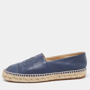Chanel Navy Blue Leather CC Espadrille Flats Size 37