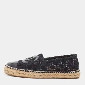Chanel Black Lace and Patent Leather CC Espadrille Flats Size 37