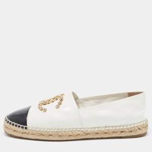 Chanel White//Black Patent Leather Crystal Embellished CC Espadrille Flats Size 40