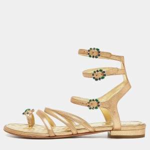 Chanel Gold Leather Embellished Toe Ring Strappy Flat Sandals Size 36