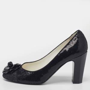Pre Owned Chanel Black Sequins Camellia CC Block Heel Pumps Size 41