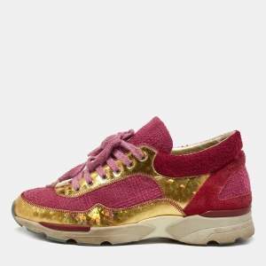 Pre Owned Chanel Pink/Gold Tweed and Leather CC Low Top Sneakers Size 35.5