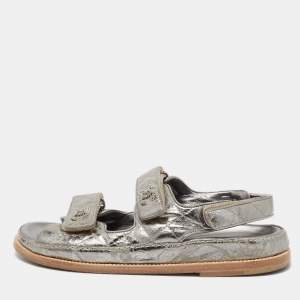 Chanel Silver Leather Interlocking CC Logo Dad Sandals Size 40