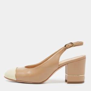 Chanel Brown/Cream Leather and Patent Cap Toe CC Slingback Pumps Size 36