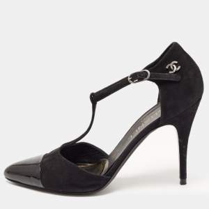 Pre Owned Chanel Black Suede and Patent Cap Toe CC T-Strap Pumps Size 39.5