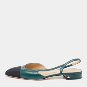 Chanel Green/Black Leather and Fabric Cap Toe CC D'osray Slingback Flats Size 41