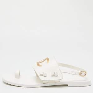 Chanel White Leather CC Toe Ring Slingback Sandals Size 38.5