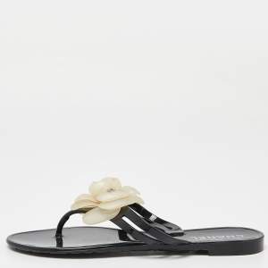 Chanel Black Jelly Camelia Thong Flat Sandals Size 37