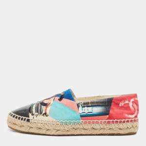 Pre Owned Chanel Multicolor Car Print Fabric and Patent Cap Toe CC Espadrille Flats Size 37