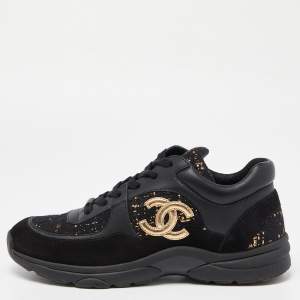 Pre Owned Chanel Black/Gold Tweed,Suede and Leather CC Lace Up Sneakers Size 40.5