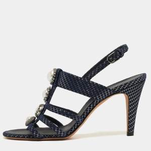 Chanel Navy Blue Textured Suede Faux Pearl Embellished Slingback Sandals Size 38