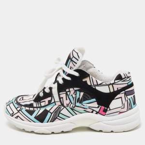 Pre Owned Chanel Multicolor Abstract Print Satin and Suede CC Logo Trainer Low Top Sneakers Size 35.5