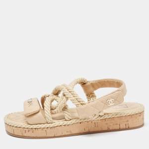 Chanel Beige Leather and  Rope Slingback Espadrille Sandals Size 38
