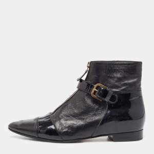 Chanel Black Leather and Patent Ankle Boots Size 38.5