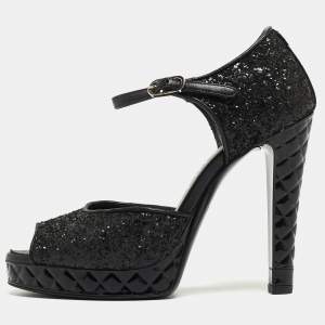 Chanel Black Coarse Glitter CC Platform Ankle Strap Sandals Size 36