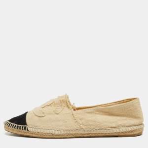 Chanel Beige/Black Canvas CC Cap Toe Espadrille Flats Size 40