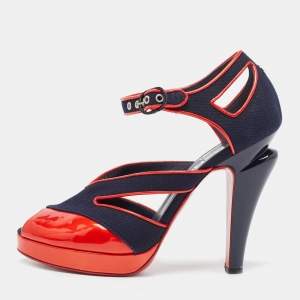 Chanel Navy Blue/Red Canvas and Patent Leather CC Peep Toe Ankle Strap Sandals Size 37