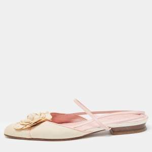 Pre Owned Chanel Off White/Pink Canvas and Leather CC Camellia Slingback Flats Size 40.5
