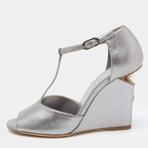 Chanel Metallic Silver Leather Wedge Sandals Size 36.5