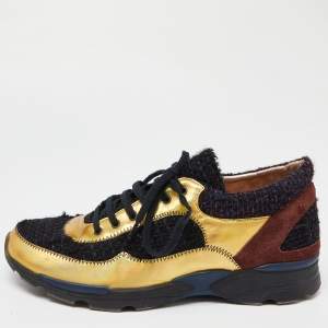 Pre Owned Chanel Tricolor Tweed and Leather CC Low Top Sneakers Size 40