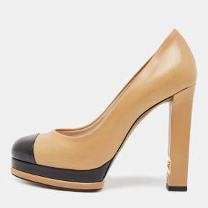 Pre Owned Chanel Beige/Black Leather Cap Toe Platform Pumps Size 36.5