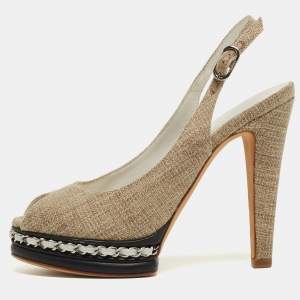 Pre Owned Chanel Grey Canvas And Black Peep Toe Platform Slingback Pumps Size 36.5