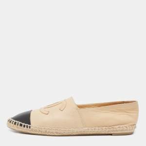 Chanel Beige/Black Leather CC Cap Toe Espadrille Flats Size 37