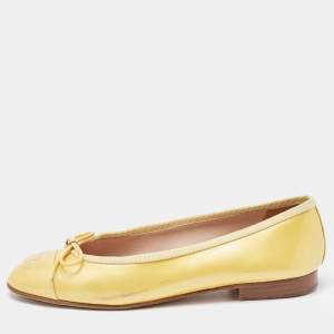 Chanel Yellow Patent Leather Bow CC Ballet Flats Size 36.5