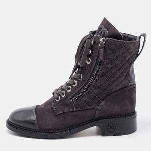 Chanel Dark Grey Quilted Suede and Leather Cap Toe Ankle Boots Size 39.5