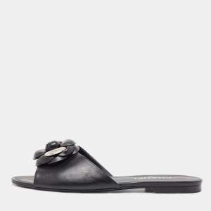 Chanel Black Leather Camelia Flat Slides Size 41