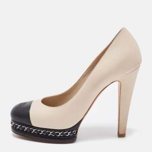 Chanel Beige/Black Leather CC Cap Toe Chain Link Platform Pumps Size 38.5
