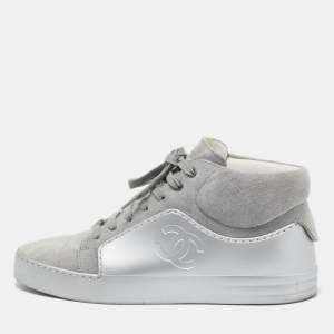 Chanel Grey Suede and Rubber CC High Top Sneakers Size 38.5