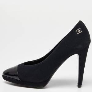 Pre Owned Chanel Black Fabric and Patent Leather Cap Toe CC Pumps Size 38