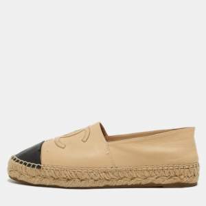 Chanel Beige/Black Leather  CC Cap Toe Espadrille Flats Size 38