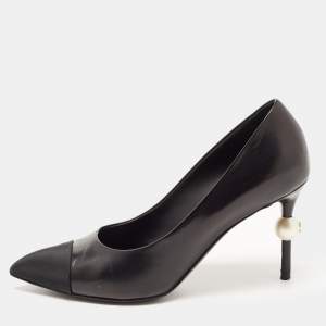 Chanel Black Leather and Fabric CC Faux Pearl Pumps Size 36.5