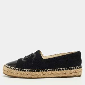 Chanel Black Tweed and Patent Cap Toe CC Espadrille Flats Size 37