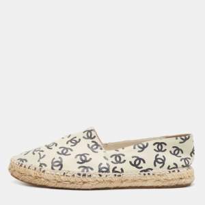 Chanel Cream/Black Leather CC Printed Espadrilles Size 38