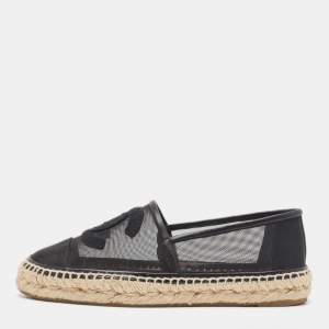 Chanel Black Mesh and Leather CC Cap Toe Espadrille Flats Size 38