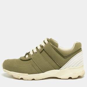Pre Owned Chanel Army Green/White Canvas and Leather CC Low Top Sneakers Size 37.5