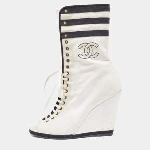 Chanel White/Black Canvas CC Wedge Peep Toe Mid Calf Boots Size 39