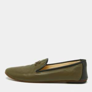 Chanel Khaki Green/Black Leather CC Smoking Slippers Size 37